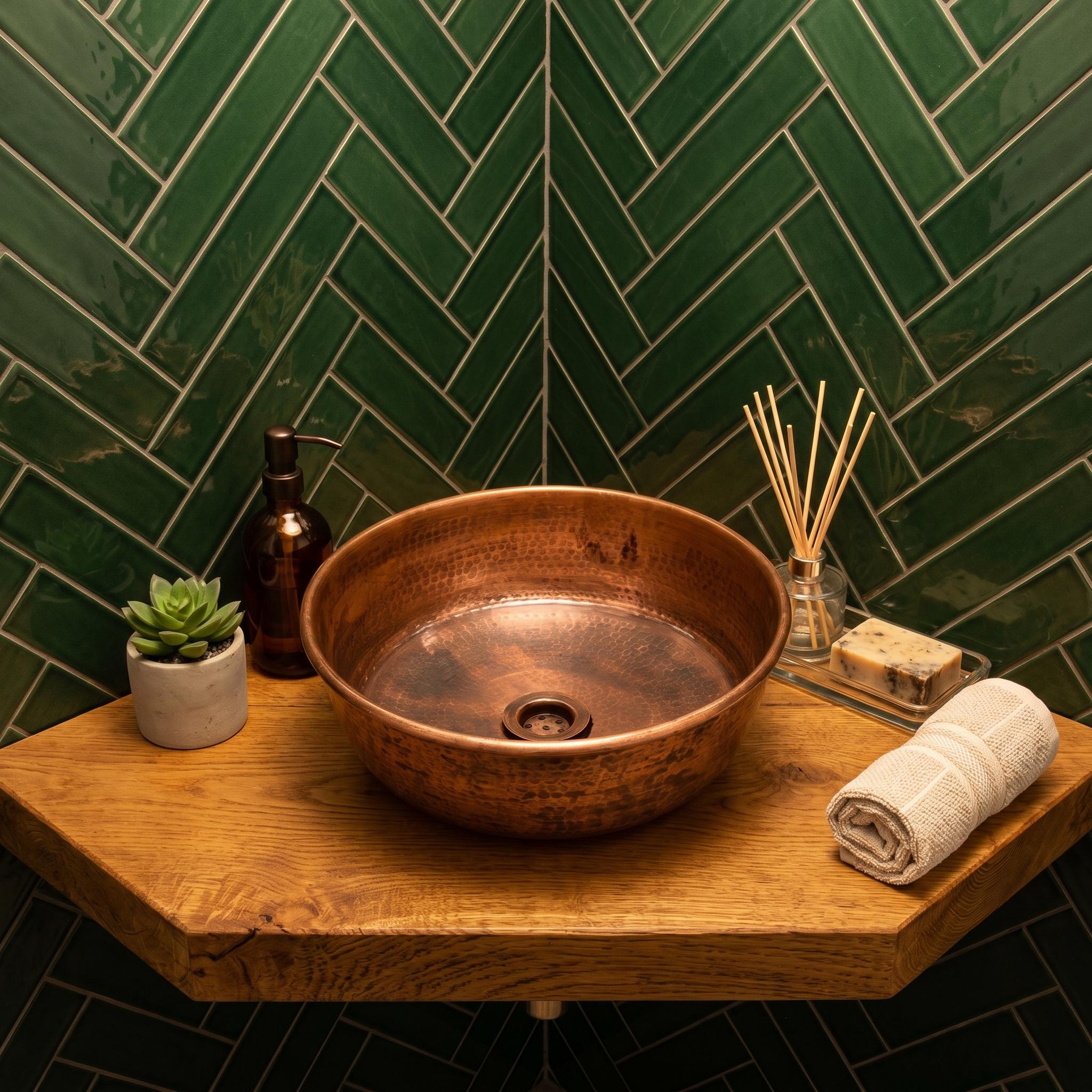 Copper Vessel Sink Hammered Antique Patina Round Countertop Basin
