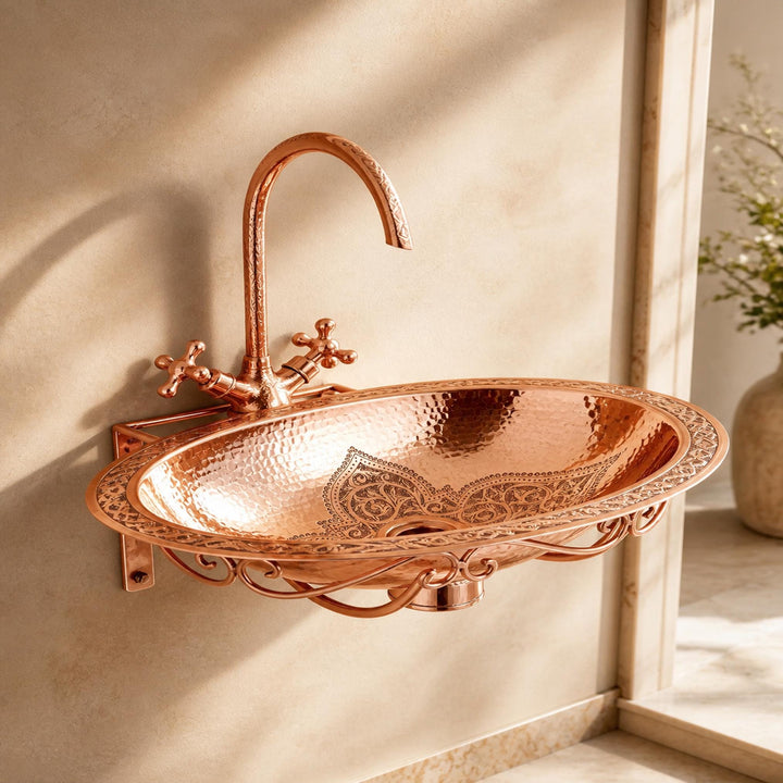 Wall Hung Copper Sink Engraved Oval Hammered Floating Bathroom Basin