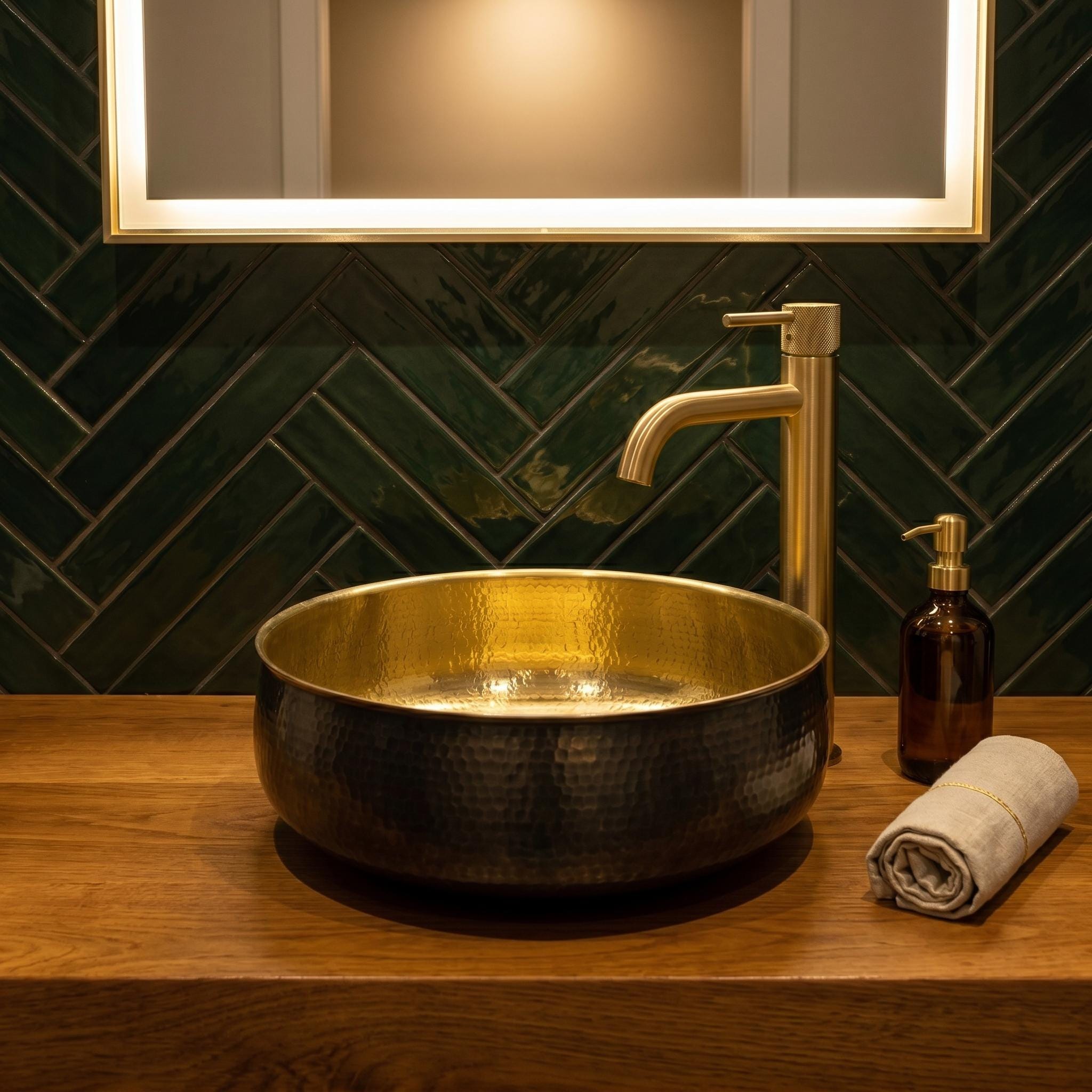 Black Brass Vessel Sink Hammered Two-Tone Round Countertop Basin