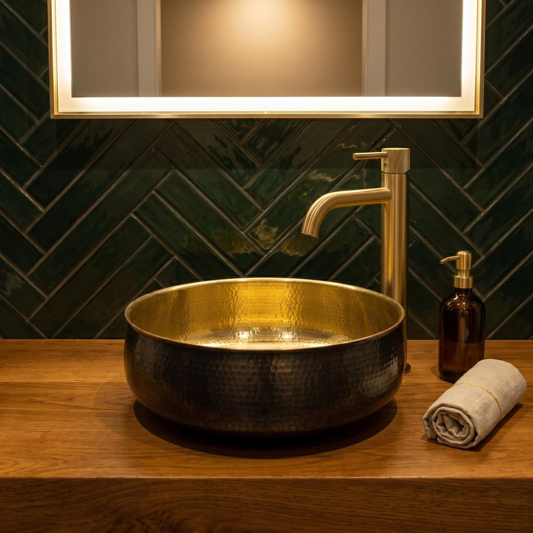 Black Brass Vessel Sink Hammered Two-Tone Round Countertop Basin