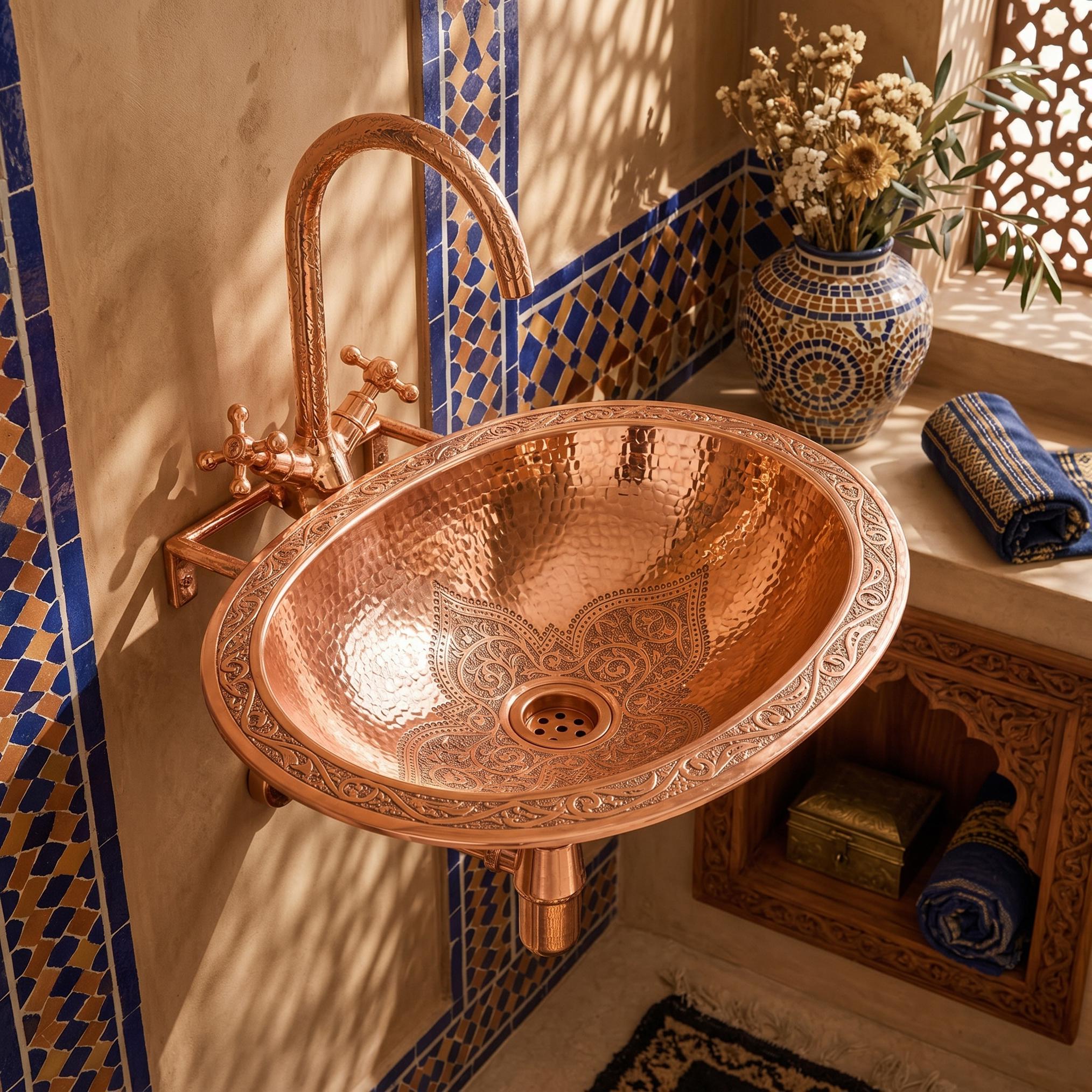 Wall Hung Copper Sink Engraved Oval Hammered Floating Bathroom Basin