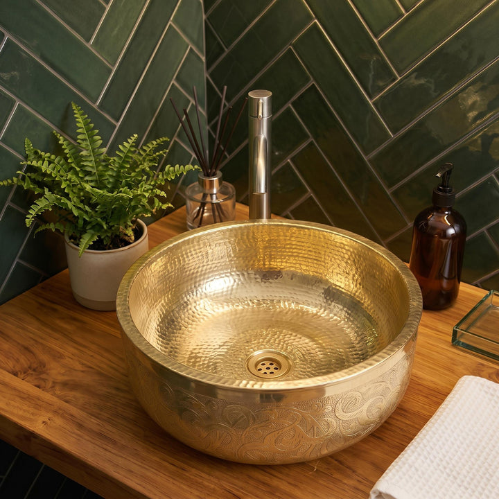 Brass Bathroom Sink Engraved Round Vessel Basin Handcrafted Moroccan Style