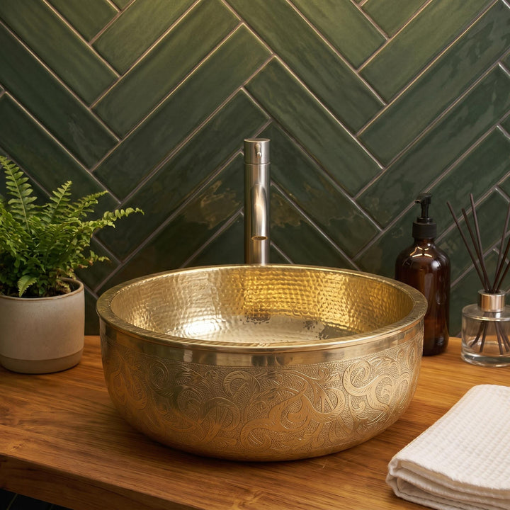 Brass Bathroom Sink Engraved Round Vessel Basin Handcrafted Moroccan Style