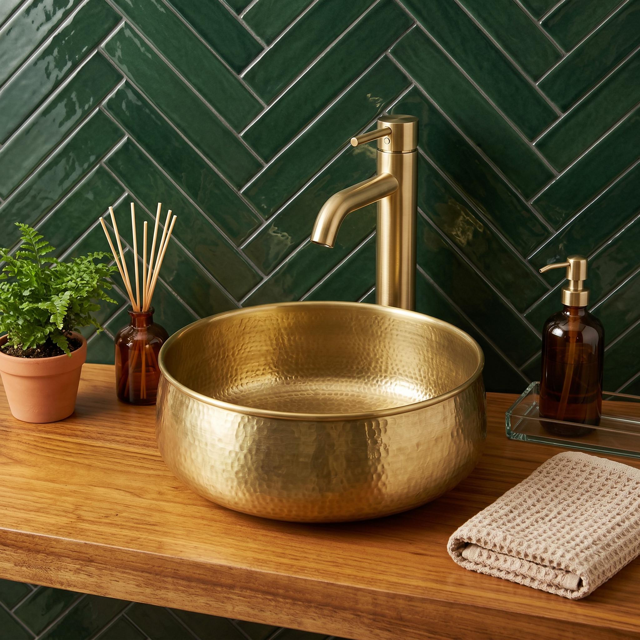 Hammered Brass Sink Round Gold Vessel Basin Handcrafted Countertop