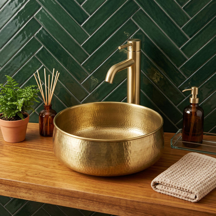 Hammered Brass Sink Round Gold Vessel Basin Handcrafted Countertop