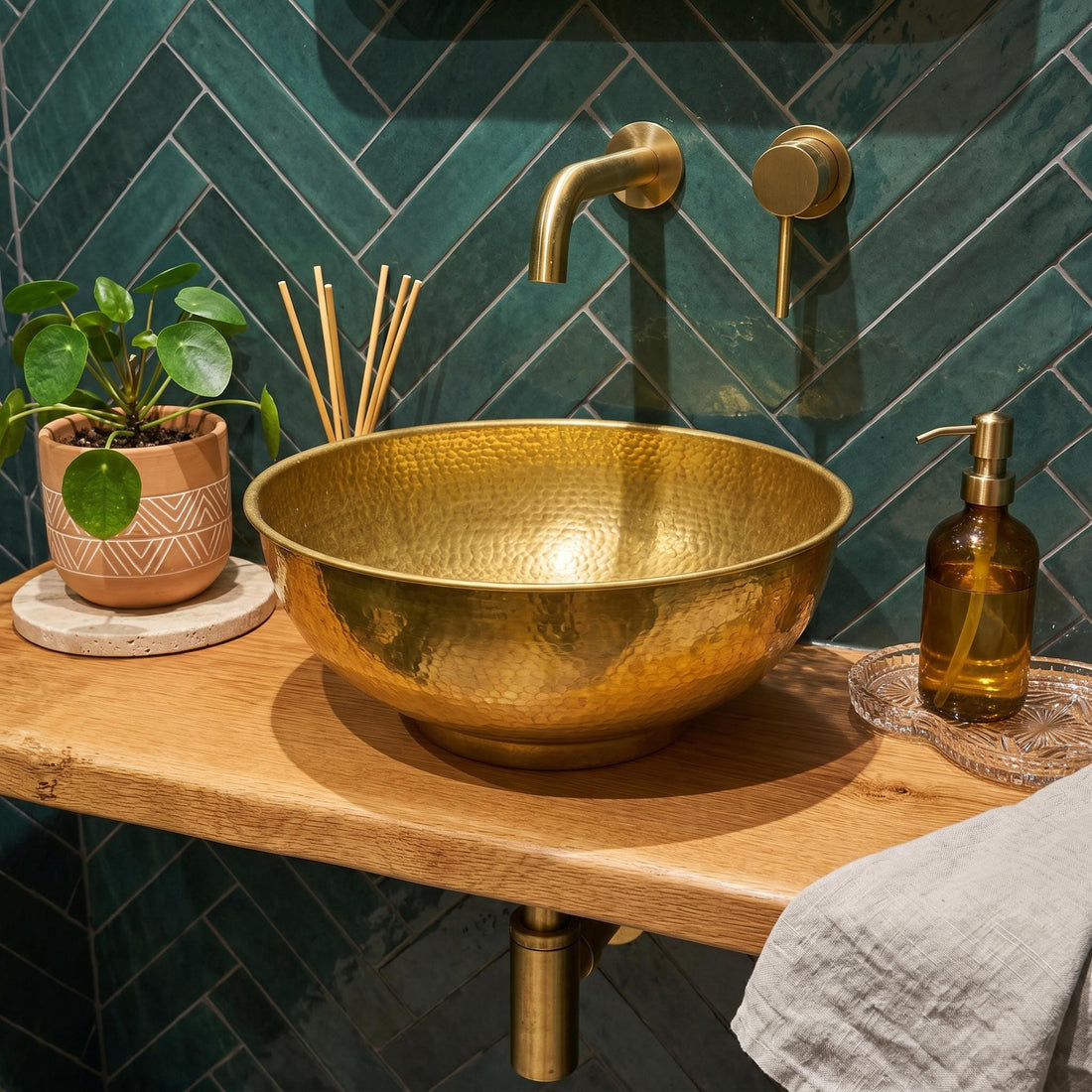 Brass Vessel Sink, Round Hammered Bowl Basin
