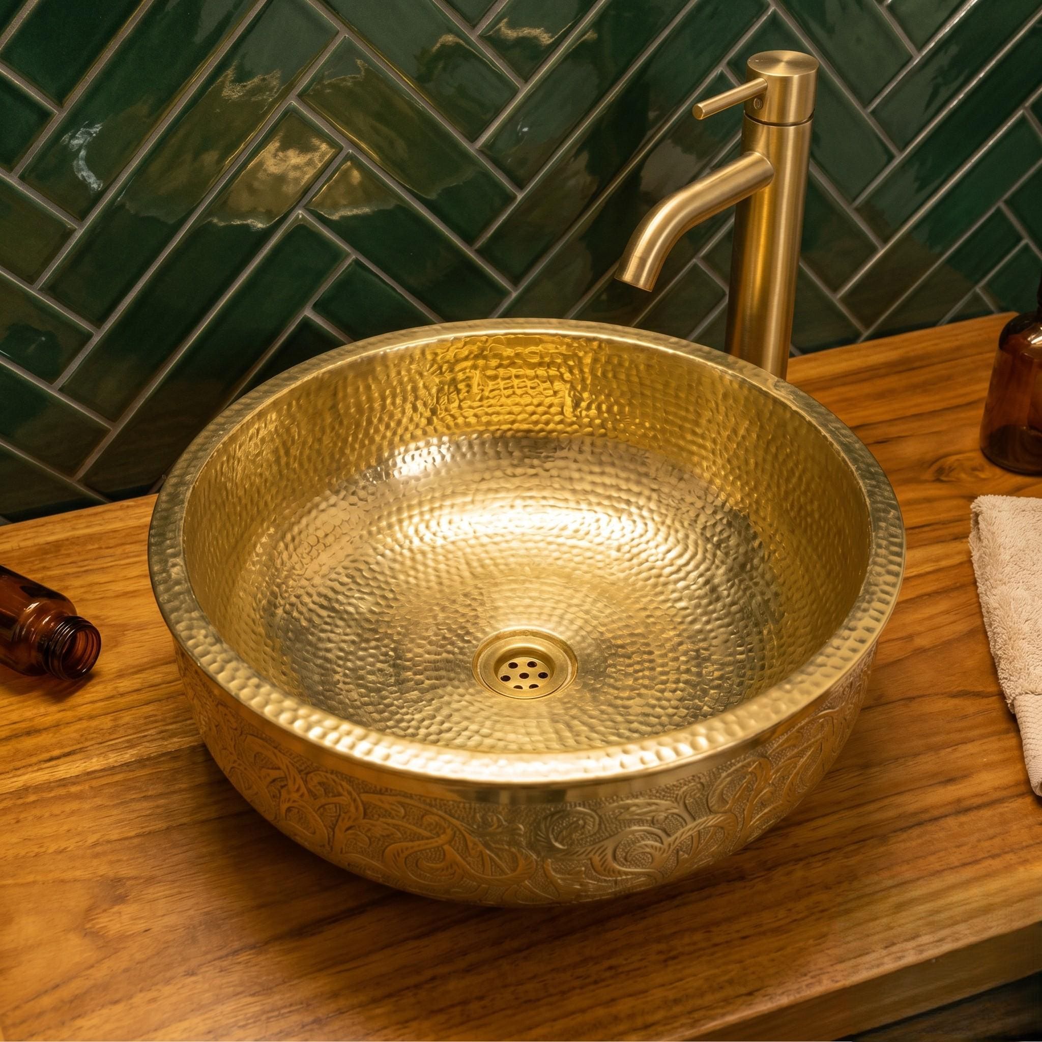 Brass Bathroom Sink Engraved Round Vessel Basin Handcrafted Moroccan Style