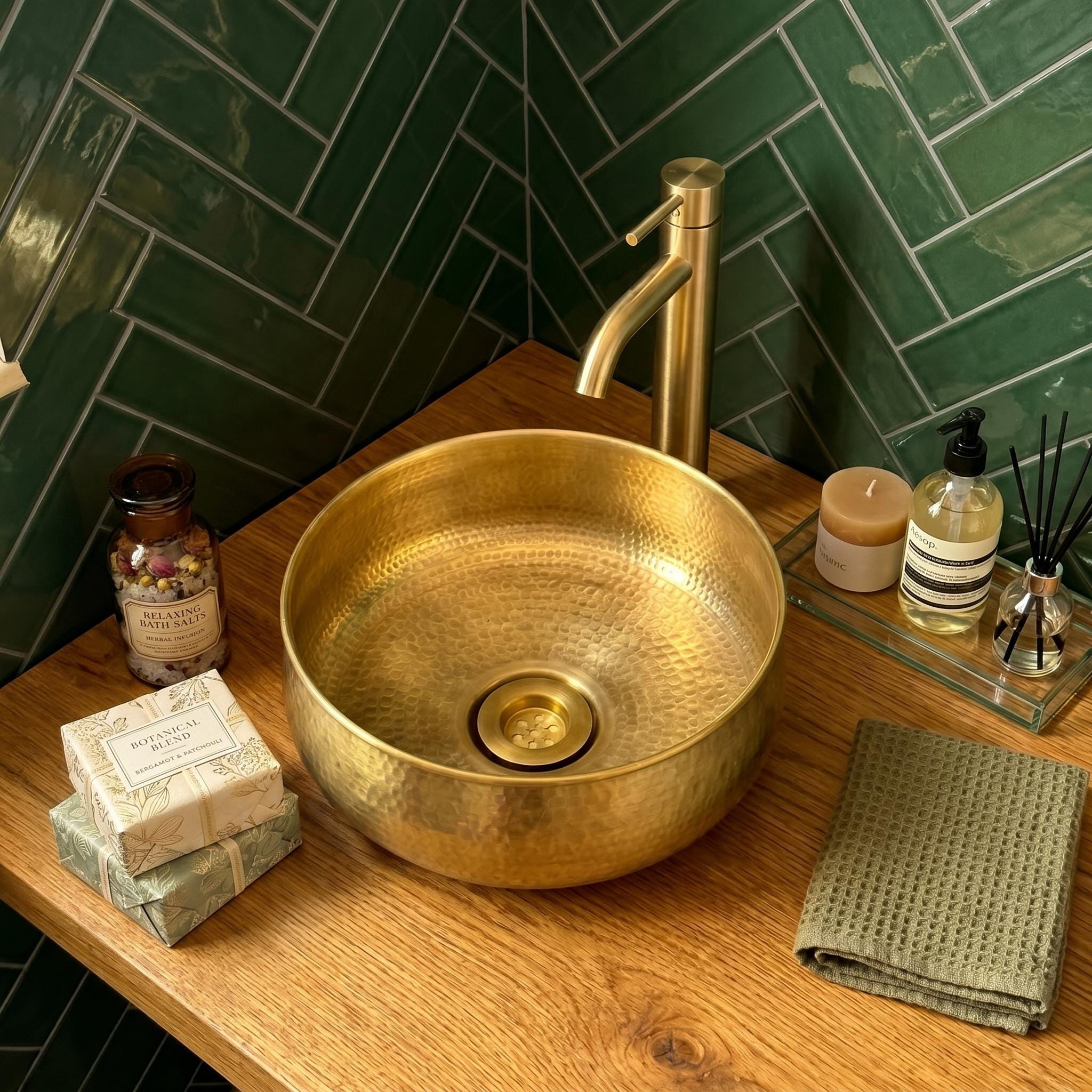 Hammered Brass Sink Round Gold Vessel Basin Handcrafted Countertop