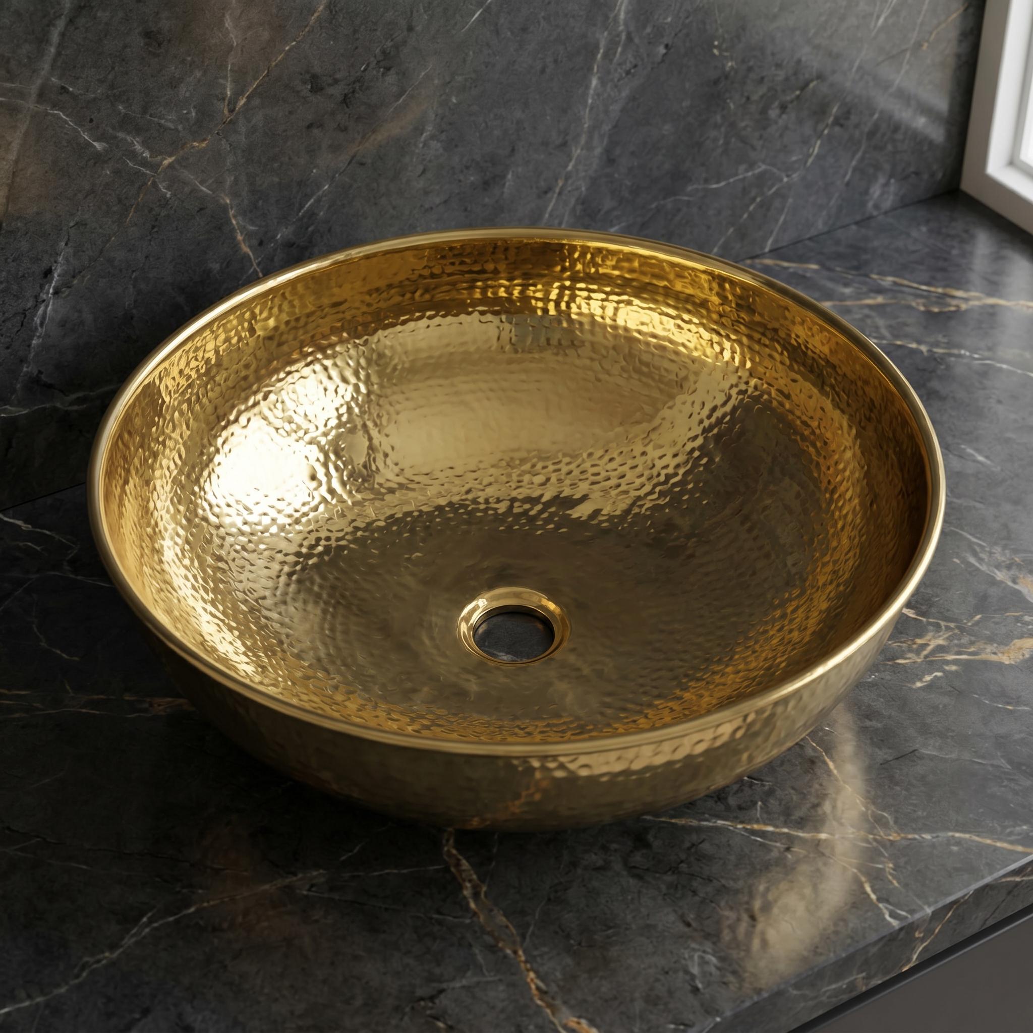 Brass Vessel Sink, Round Hammered Bowl Basin