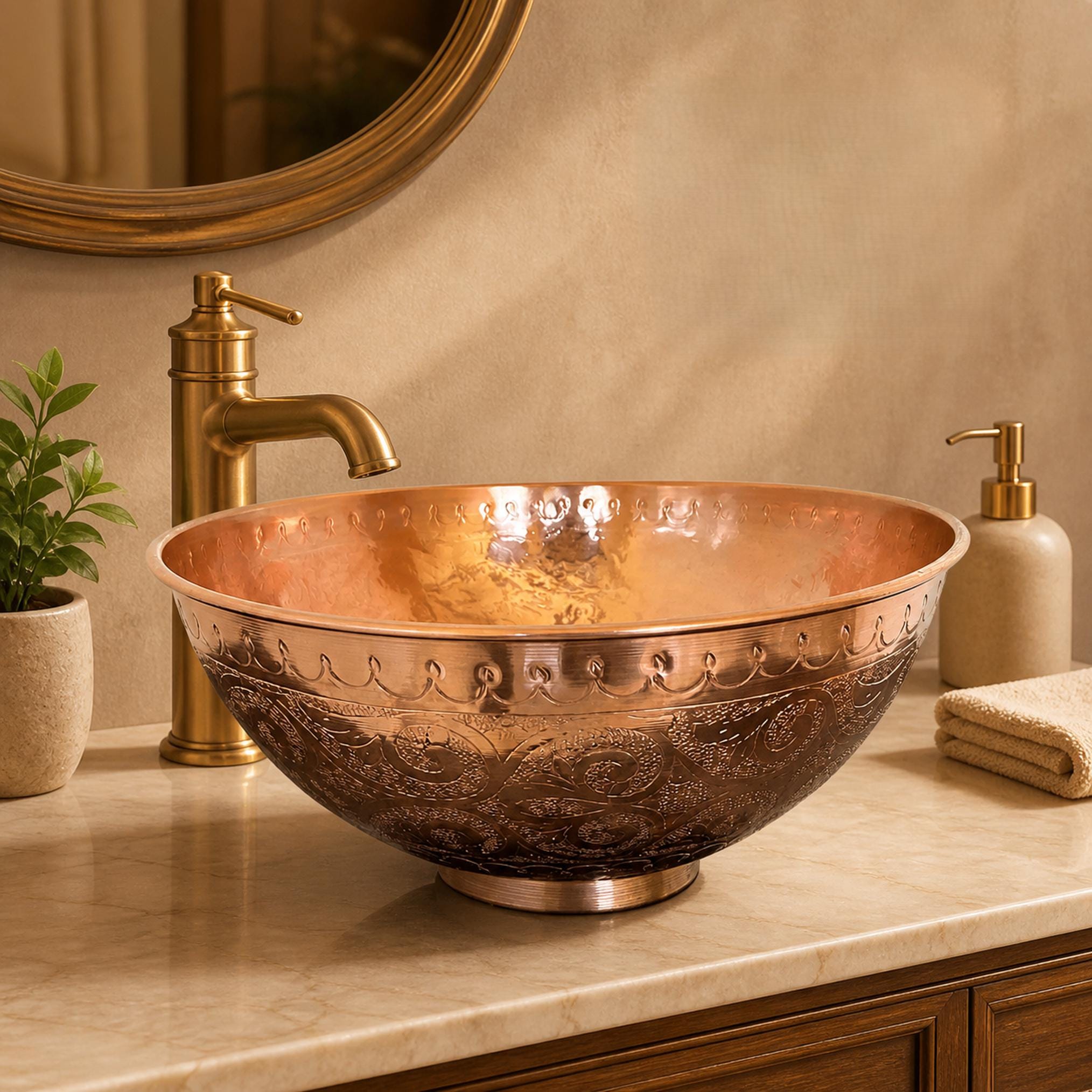 Unlacquered Copper Vessel Sink Engraved Round Hammered Countertop Basin