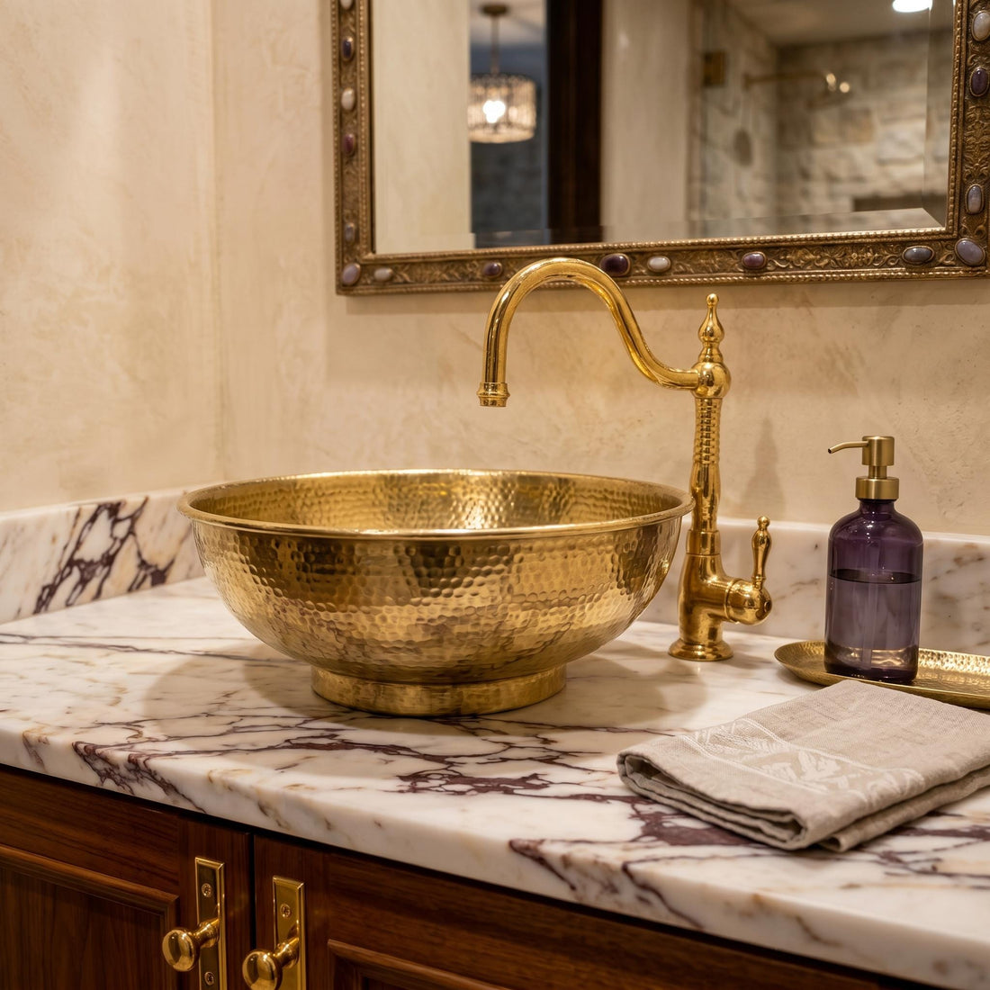 Brass Vessel Sink, Round Hammered Bowl Basin