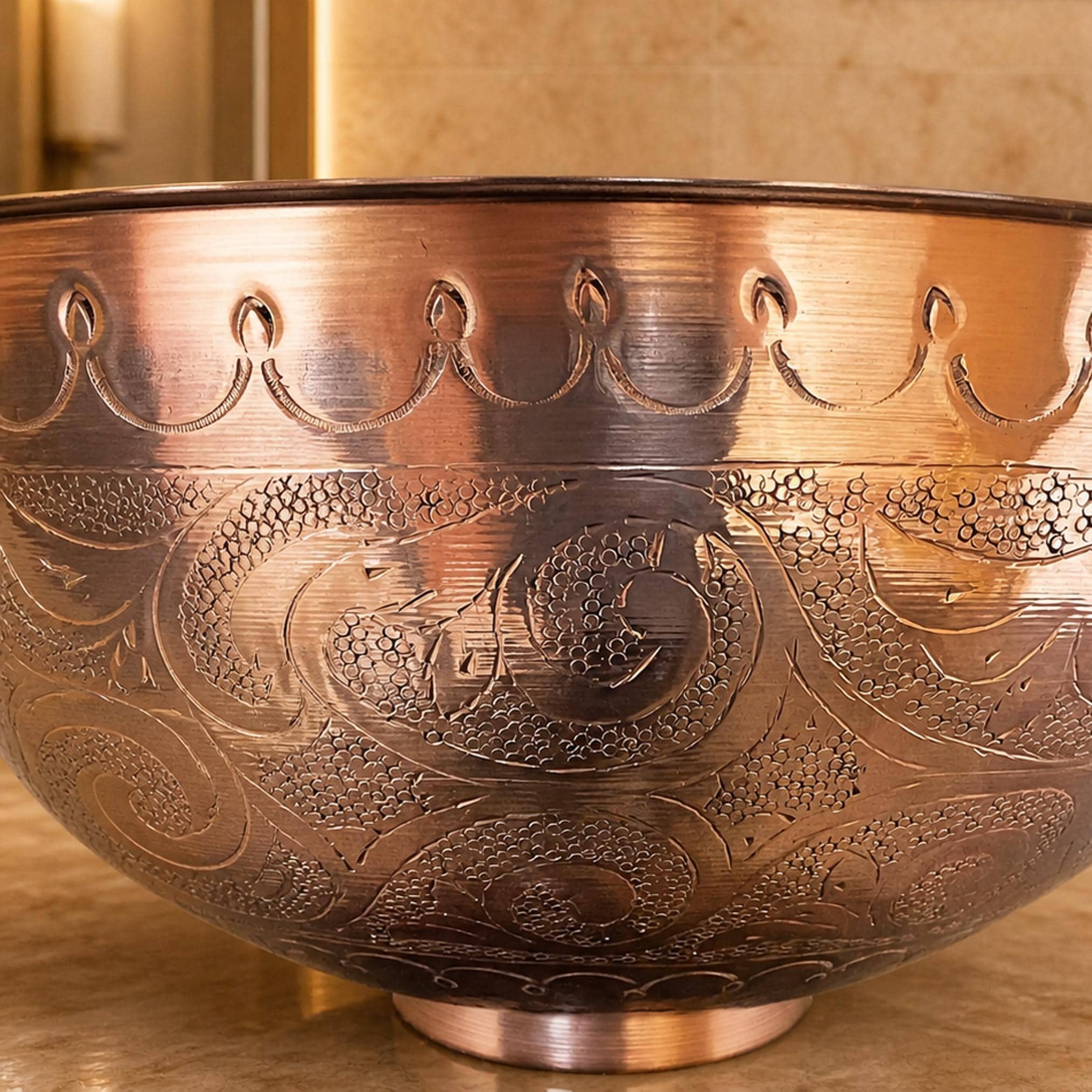 Unlacquered Copper Vessel Sink Engraved Round Hammered Countertop Basin