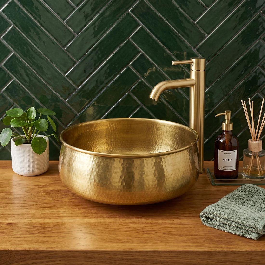 Hammered Brass Sink Round Gold Vessel Basin Handcrafted Countertop