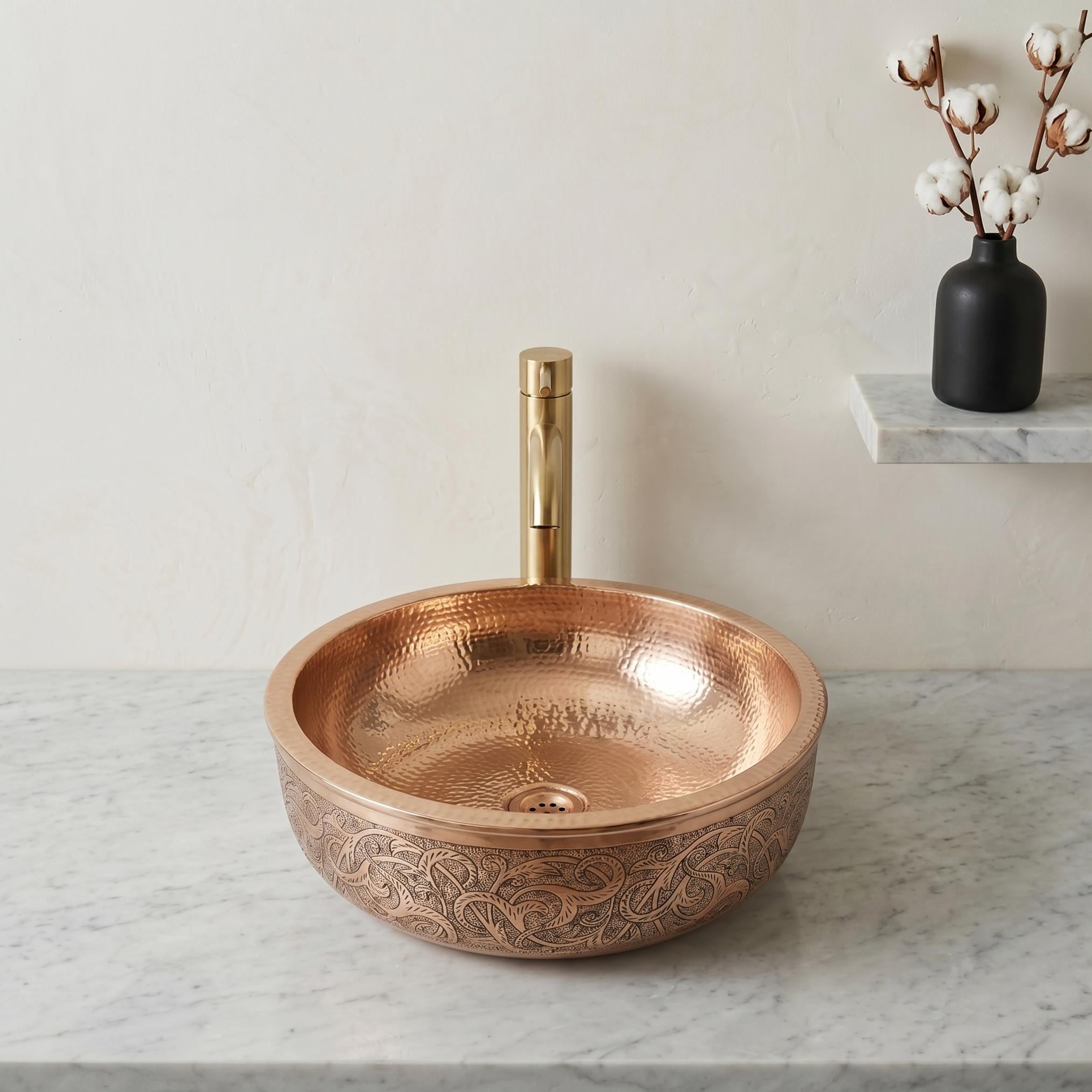 Copper Vessel Sink Engraved Hammered Round Bathroom Basin Handcrafted