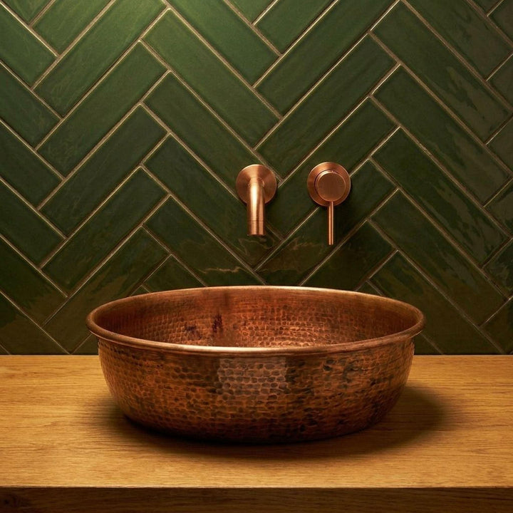 Copper Vessel Sink Hammered Antique Patina Round Countertop Basin