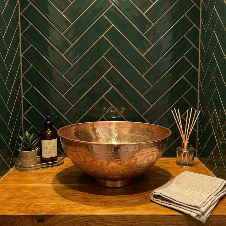 Unlacquered Copper Vessel Sink Engraved Round Hammered Countertop Basin