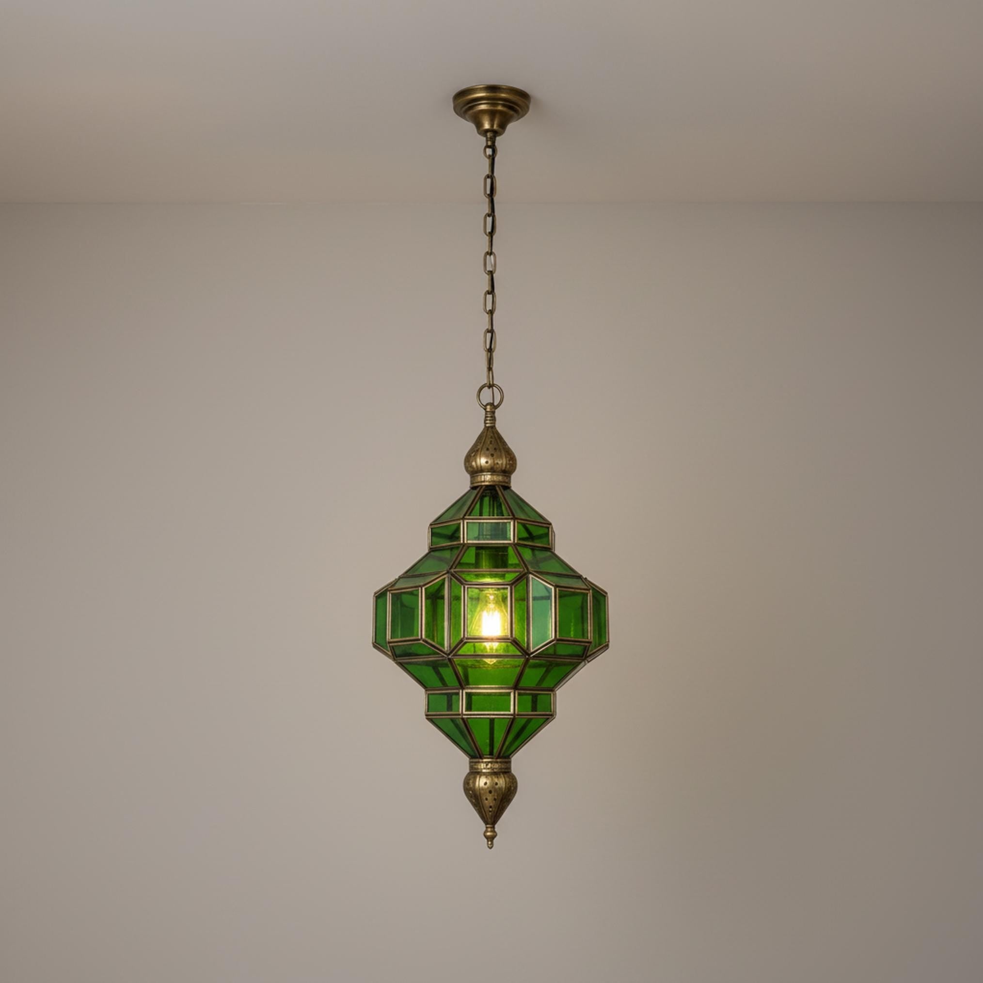 Moroccan pendant light green glass brass frame hanging ceiling lantern
