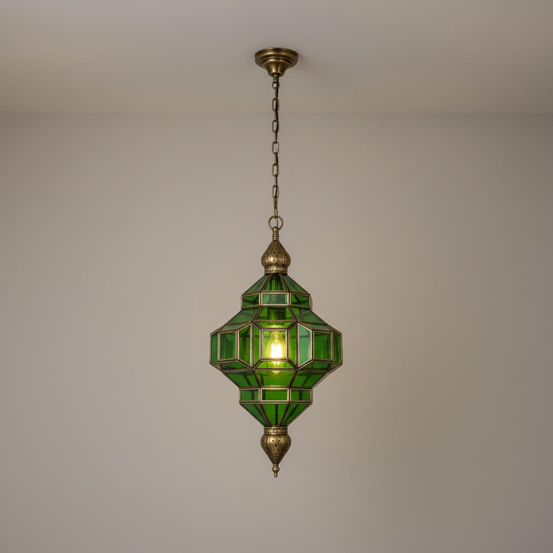 Moroccan pendant light green glass brass frame hanging ceiling lantern