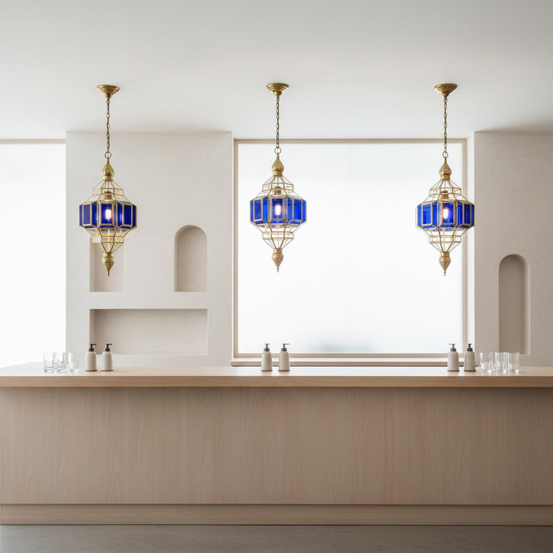 Moroccan pendant light blue glass brass frame hanging ceiling lantern