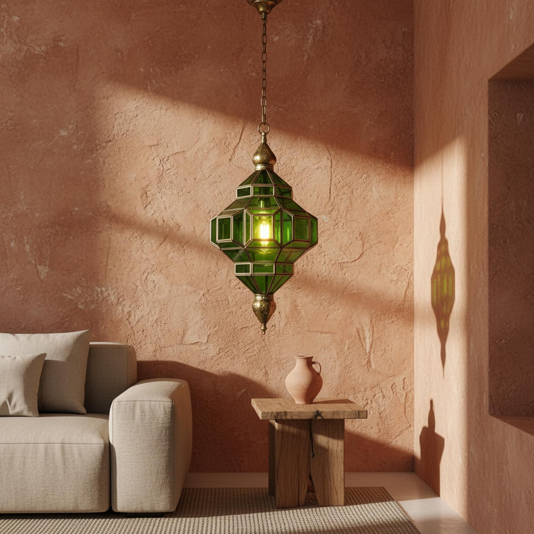 Moroccan pendant light green glass brass frame hanging ceiling lantern