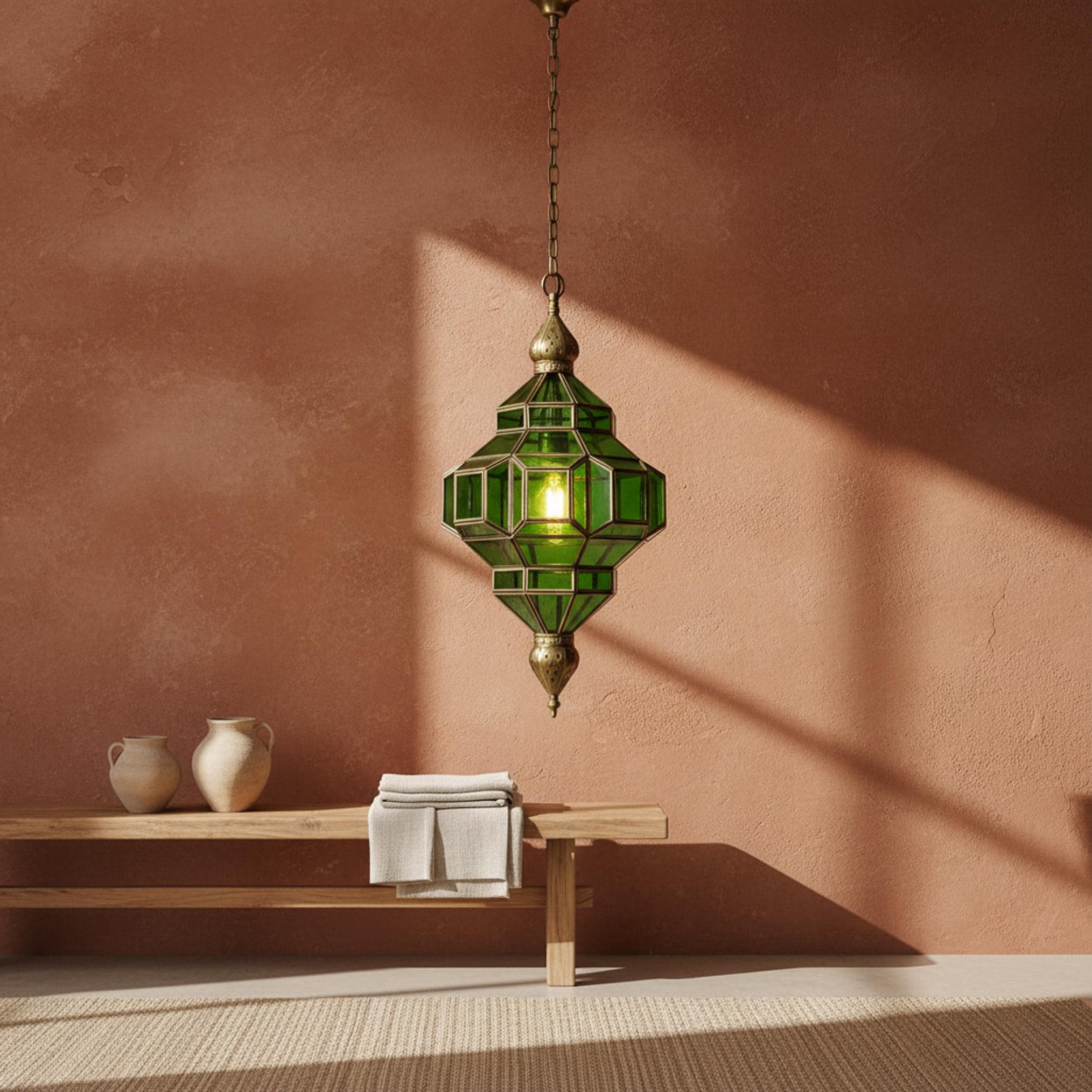 Moroccan pendant light green glass brass frame hanging ceiling lantern