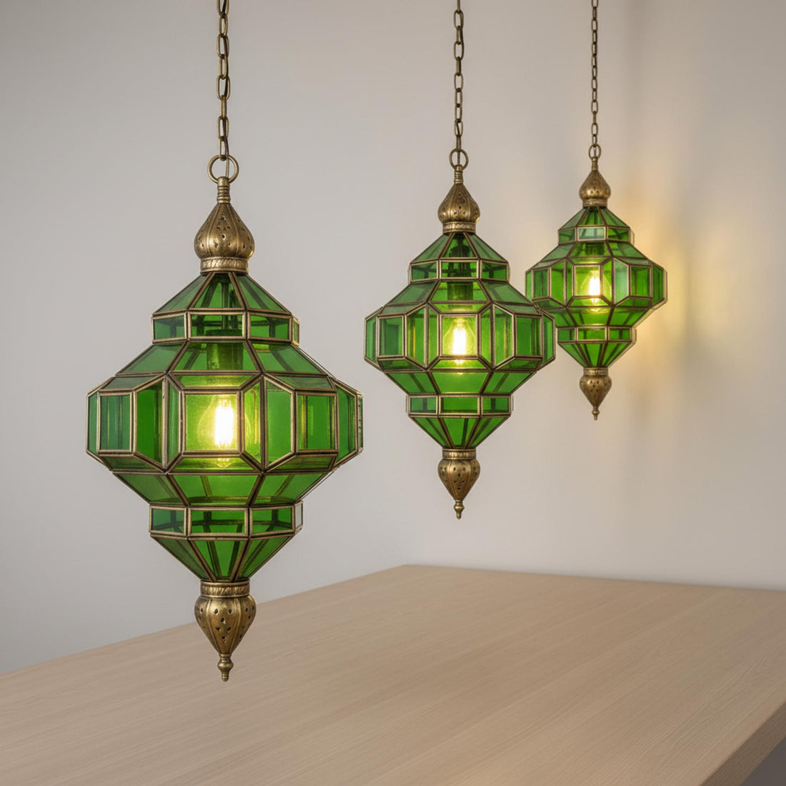 Moroccan pendant light green glass brass frame hanging ceiling lantern