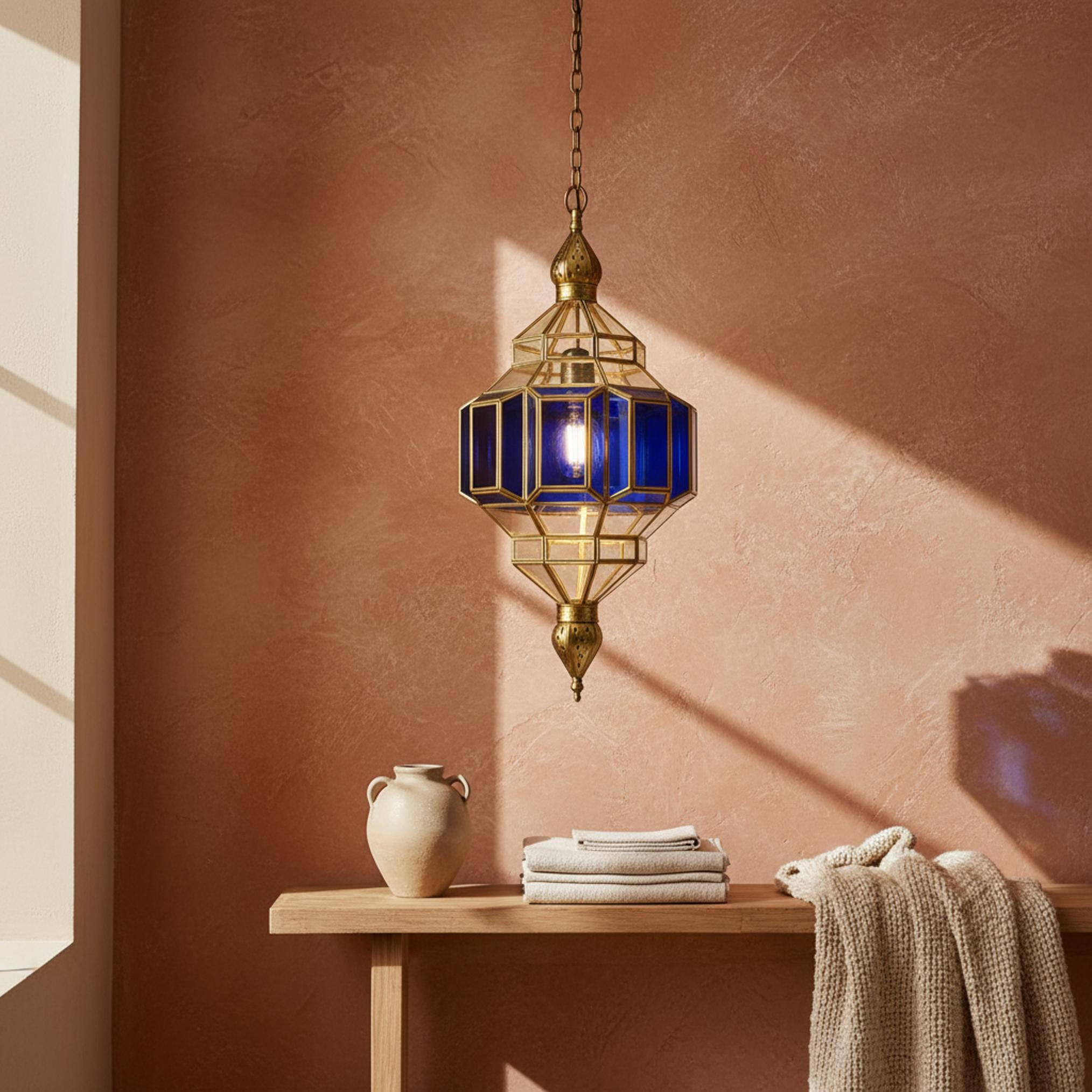 Moroccan pendant light blue glass brass frame hanging ceiling lantern