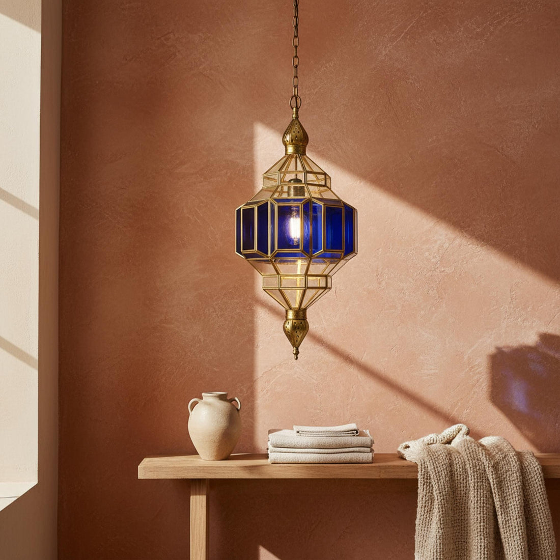 Moroccan pendant light blue glass brass frame hanging ceiling lantern