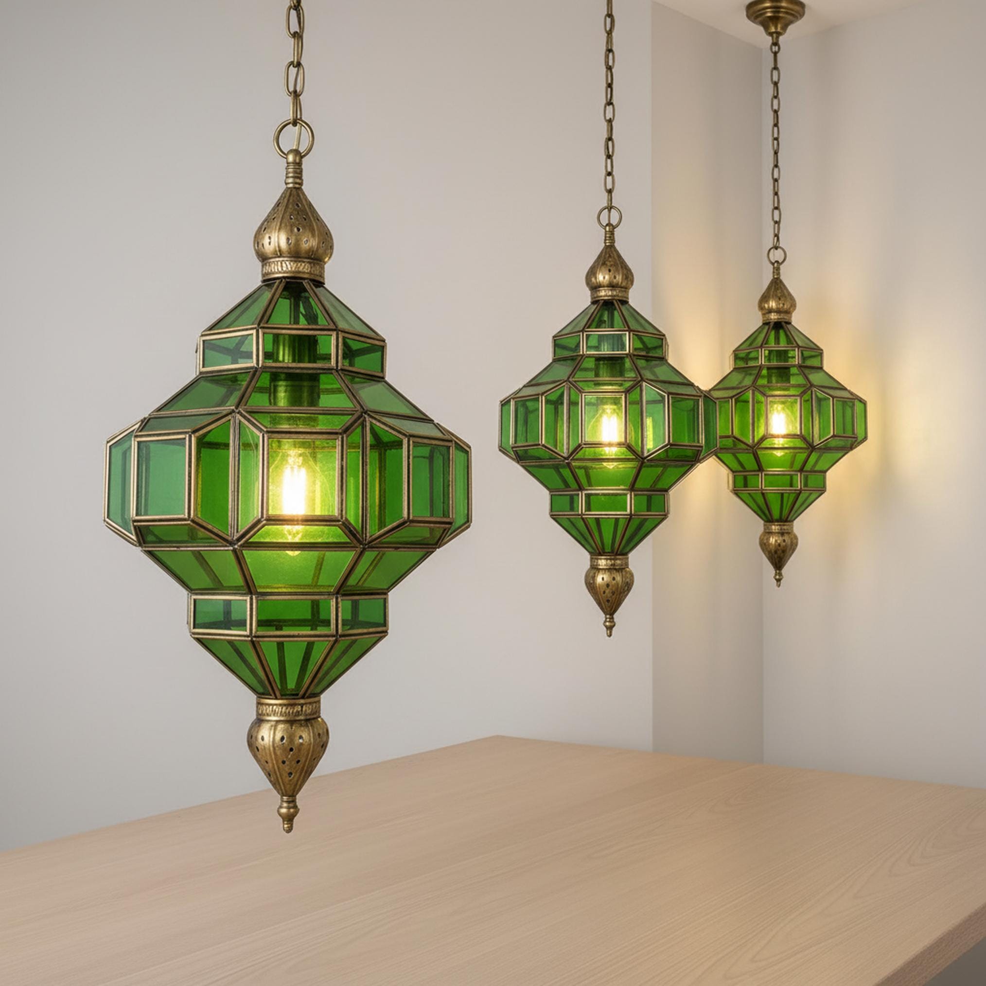 Moroccan pendant light green glass brass frame hanging ceiling lantern
