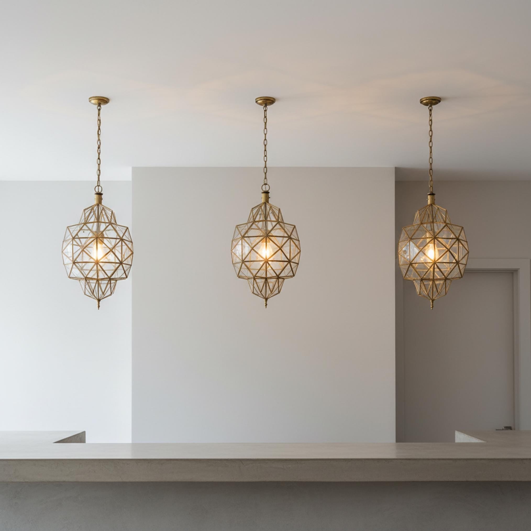 geometric pendant light faceted glass brass frame hanging ceiling lantern