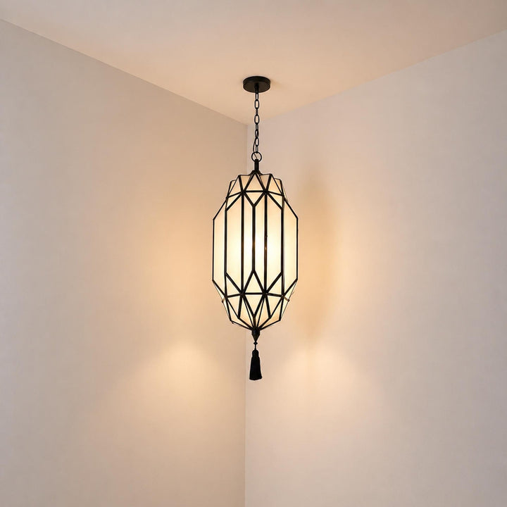 geometric pendant light black frame glass hanging ceiling lantern with tassel