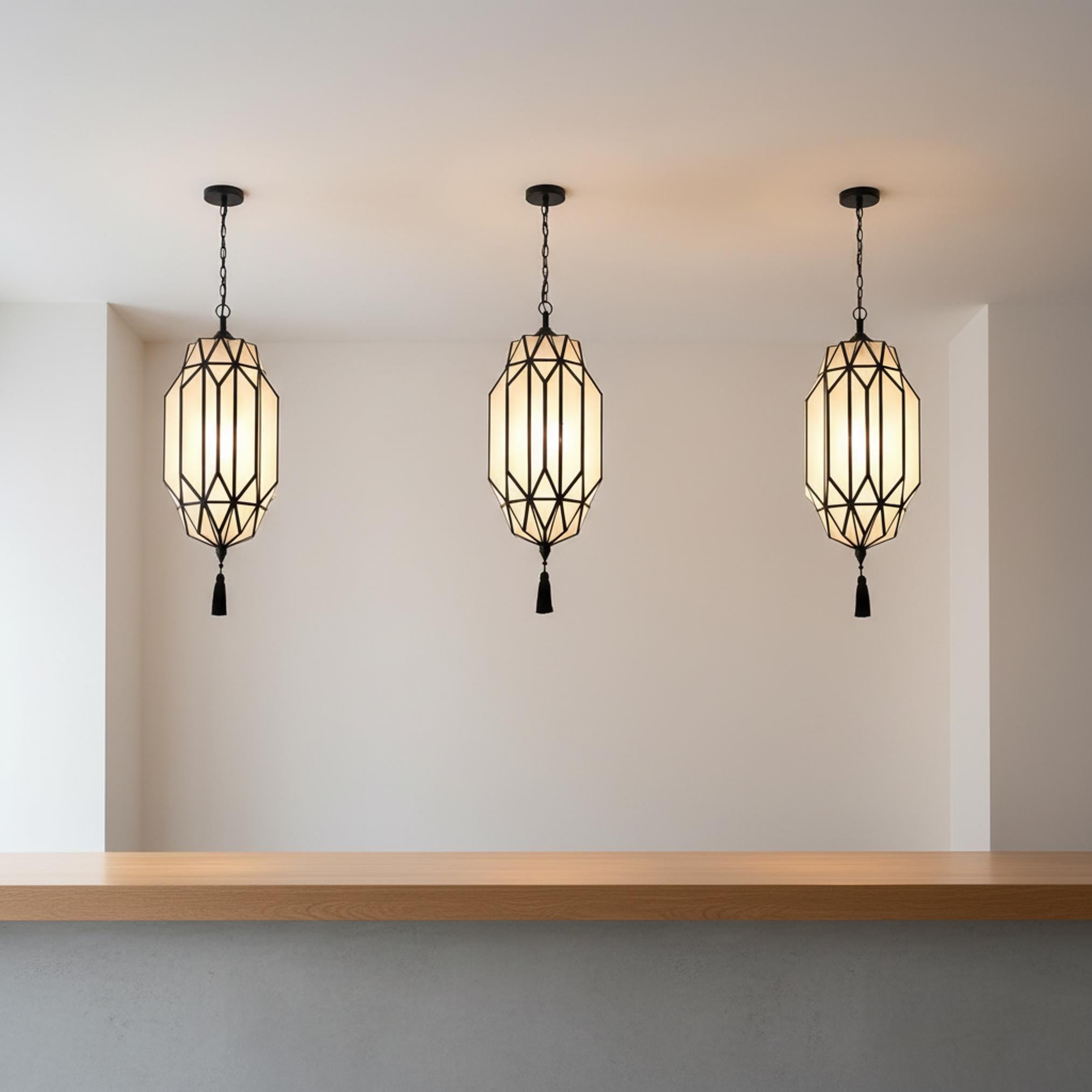 geometric pendant light black frame glass hanging ceiling lantern with tassel