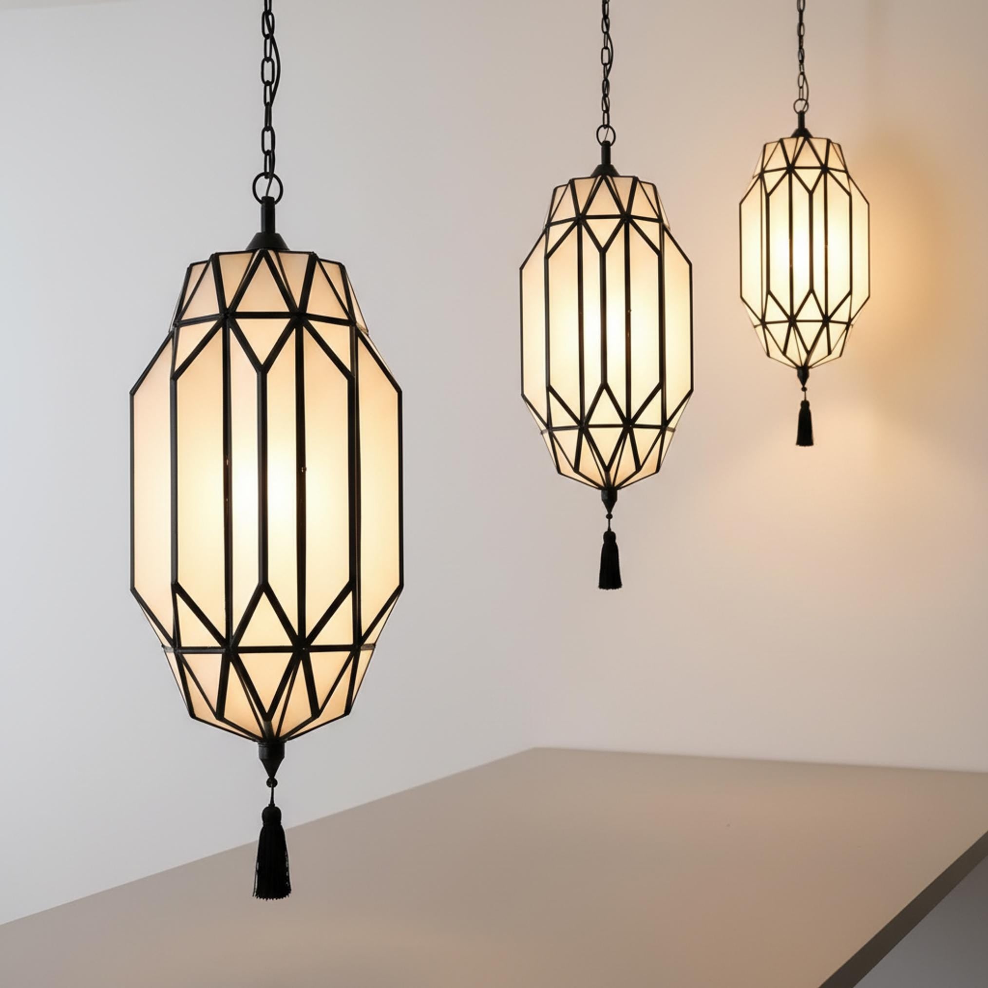 geometric pendant light black frame glass hanging ceiling lantern with tassel