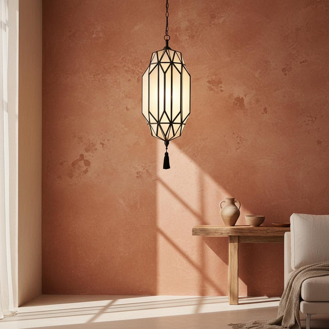 geometric pendant light black frame glass hanging ceiling lantern with tassel