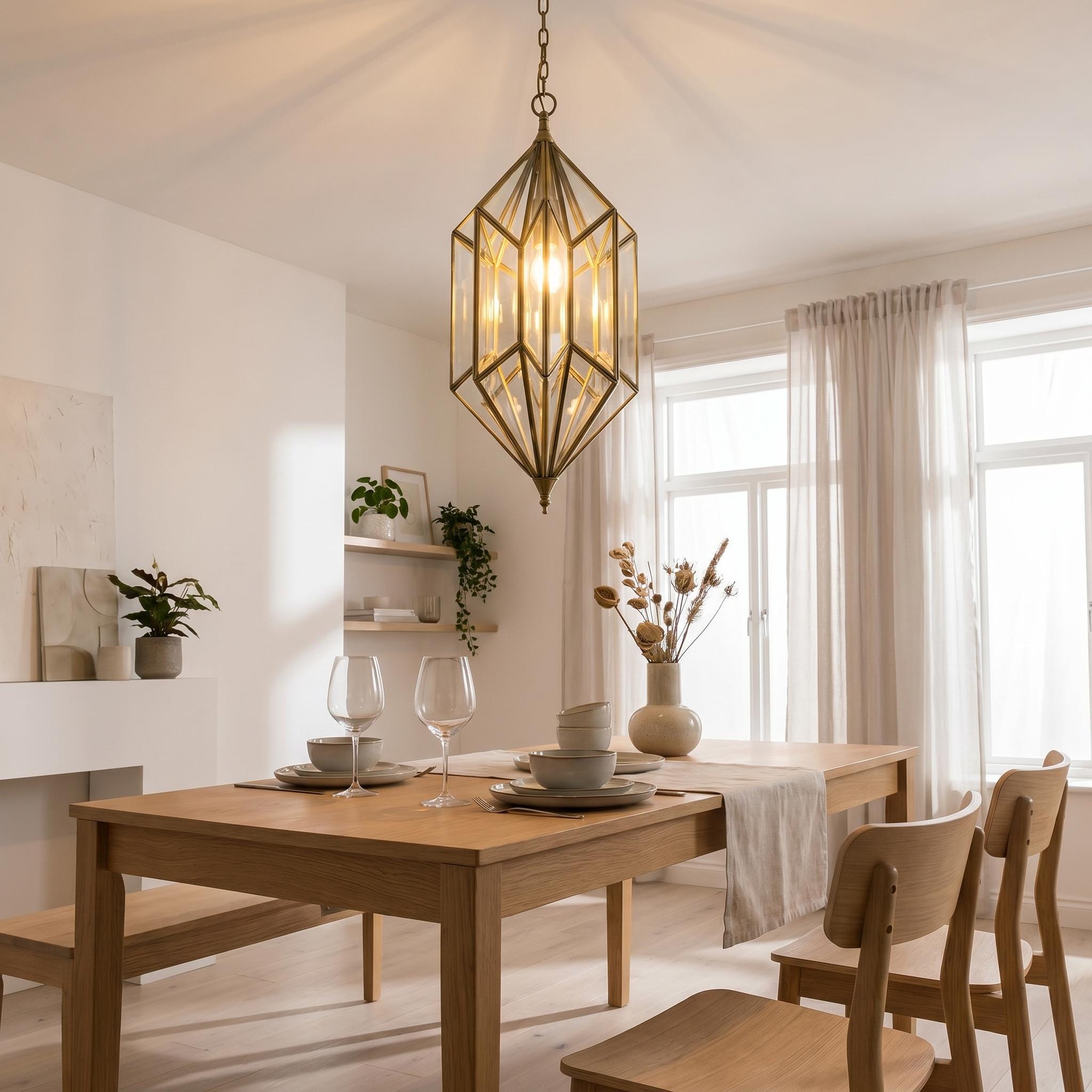 Geometric Pendant Light Glass Hanging Lantern Chain Fixture