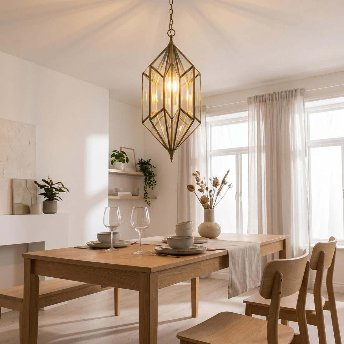 Geometric Pendant Light Glass Hanging Lantern Chain Fixture