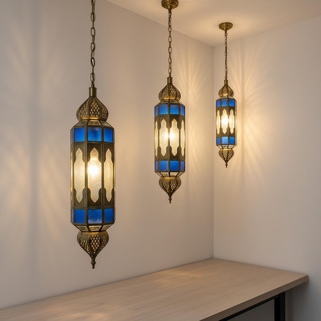 Moroccan Pendant Light Blue Glass Hanging Lantern Chain Fixture