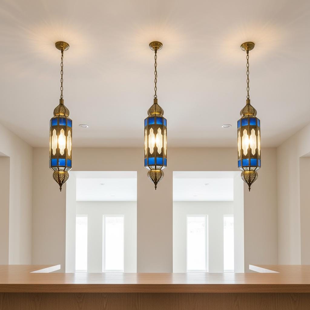 Moroccan Pendant Light Blue Glass Hanging Lantern Chain Fixture