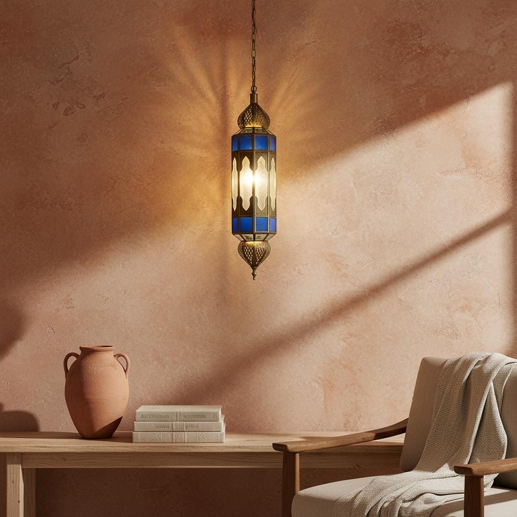 Moroccan Pendant Light Blue Glass Hanging Lantern Chain Fixture
