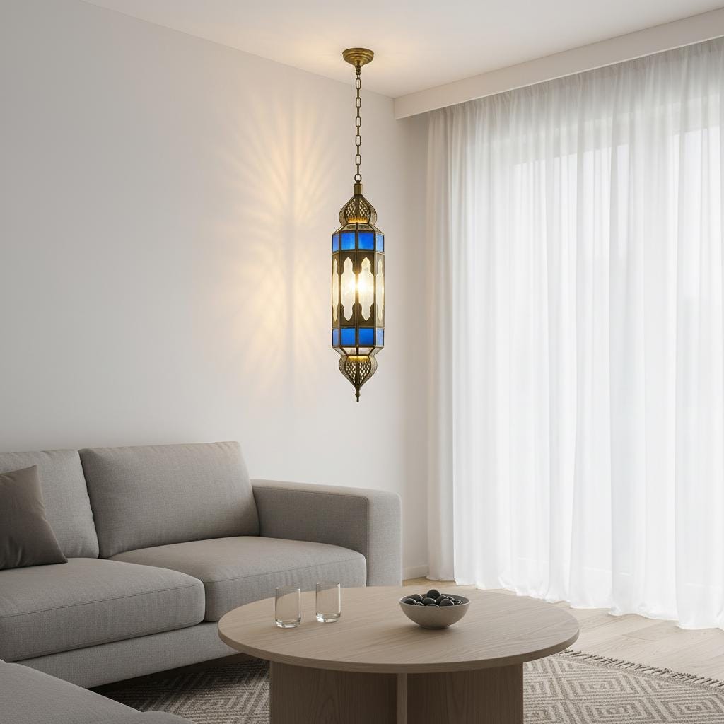 Moroccan Pendant Light Blue Glass Hanging Lantern Chain Fixture