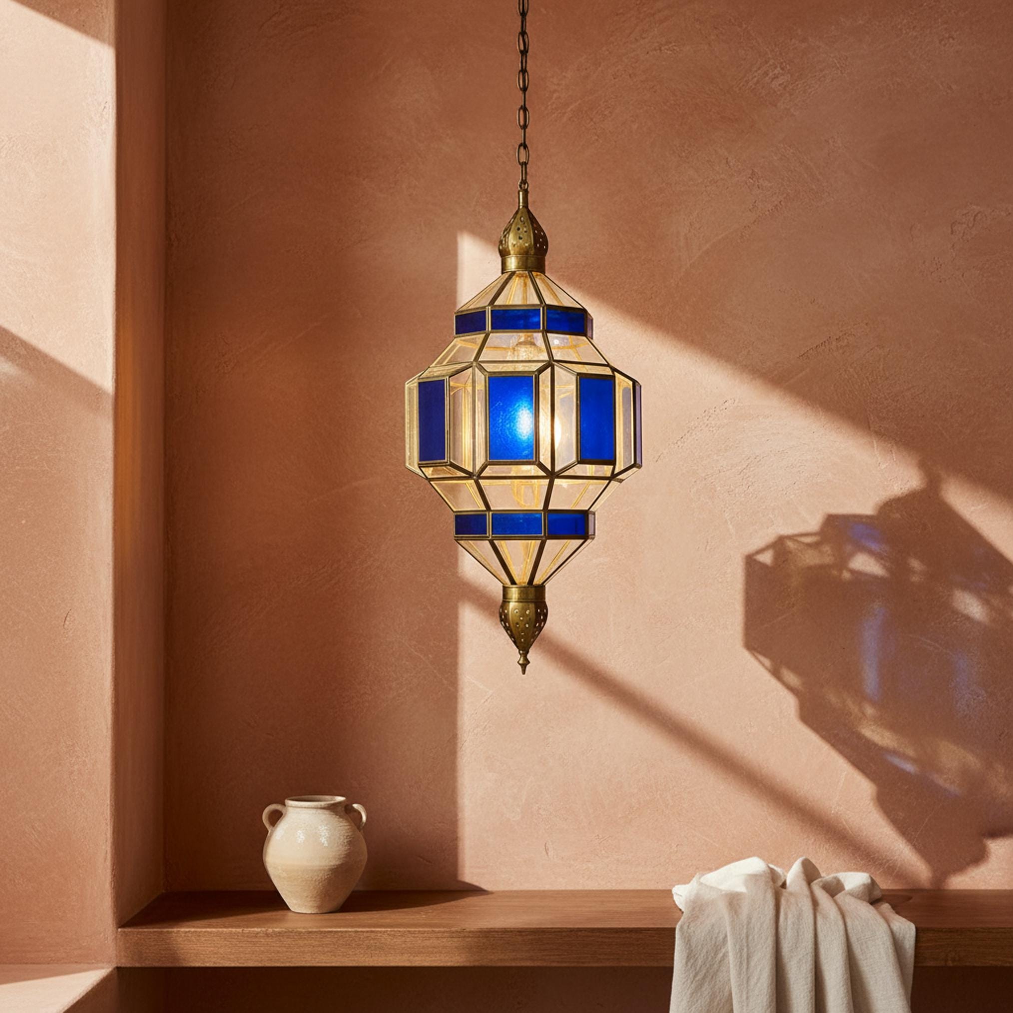Moroccan Pendant Light Blue Glass Hanging Lantern Fixture