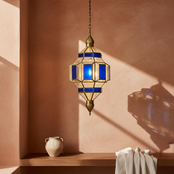 Moroccan Pendant Light Blue Glass Hanging Lantern Fixture