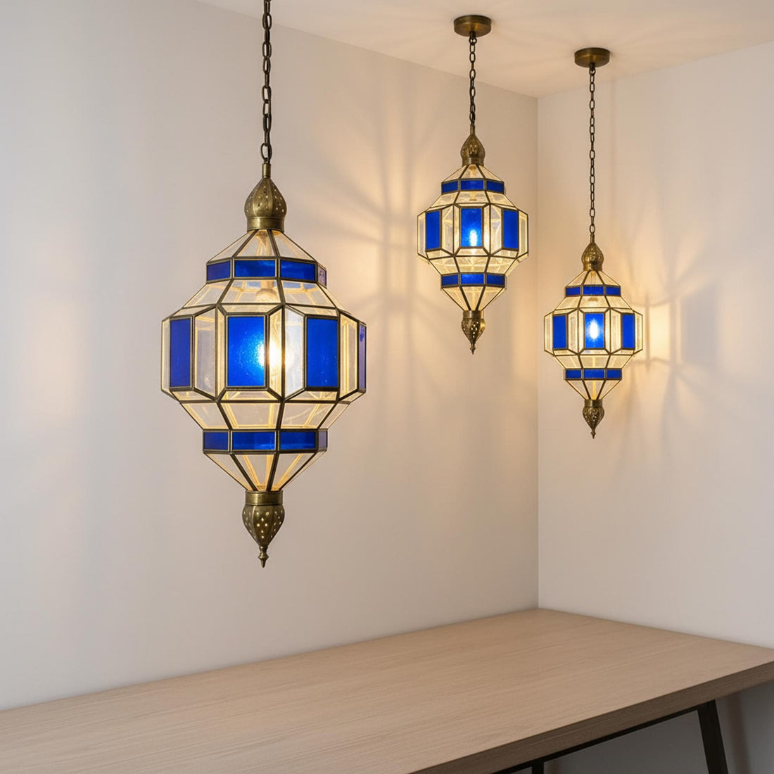 Moroccan Pendant Light Blue Glass Hanging Lantern Fixture