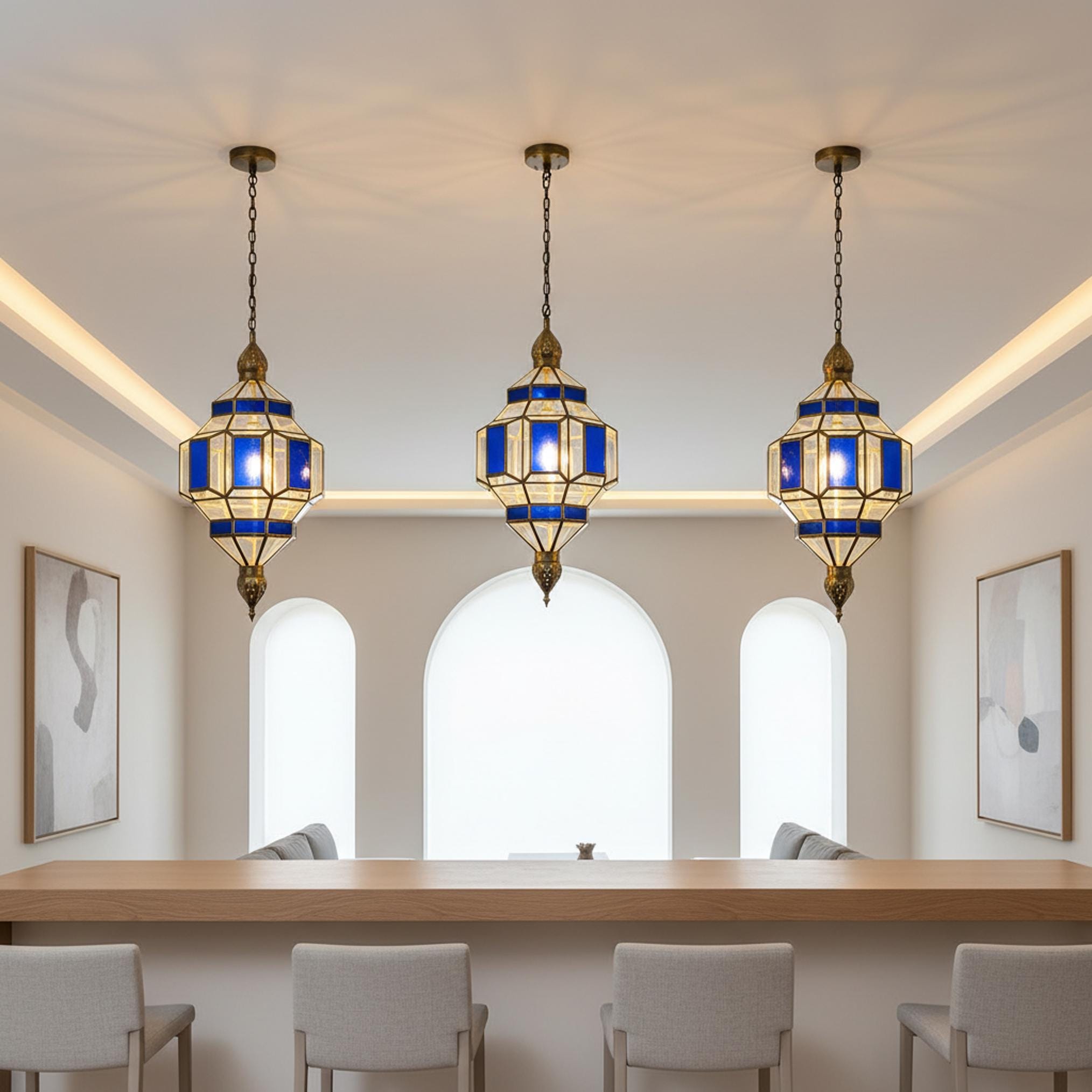 Moroccan Pendant Light Blue Glass Hanging Lantern Fixture