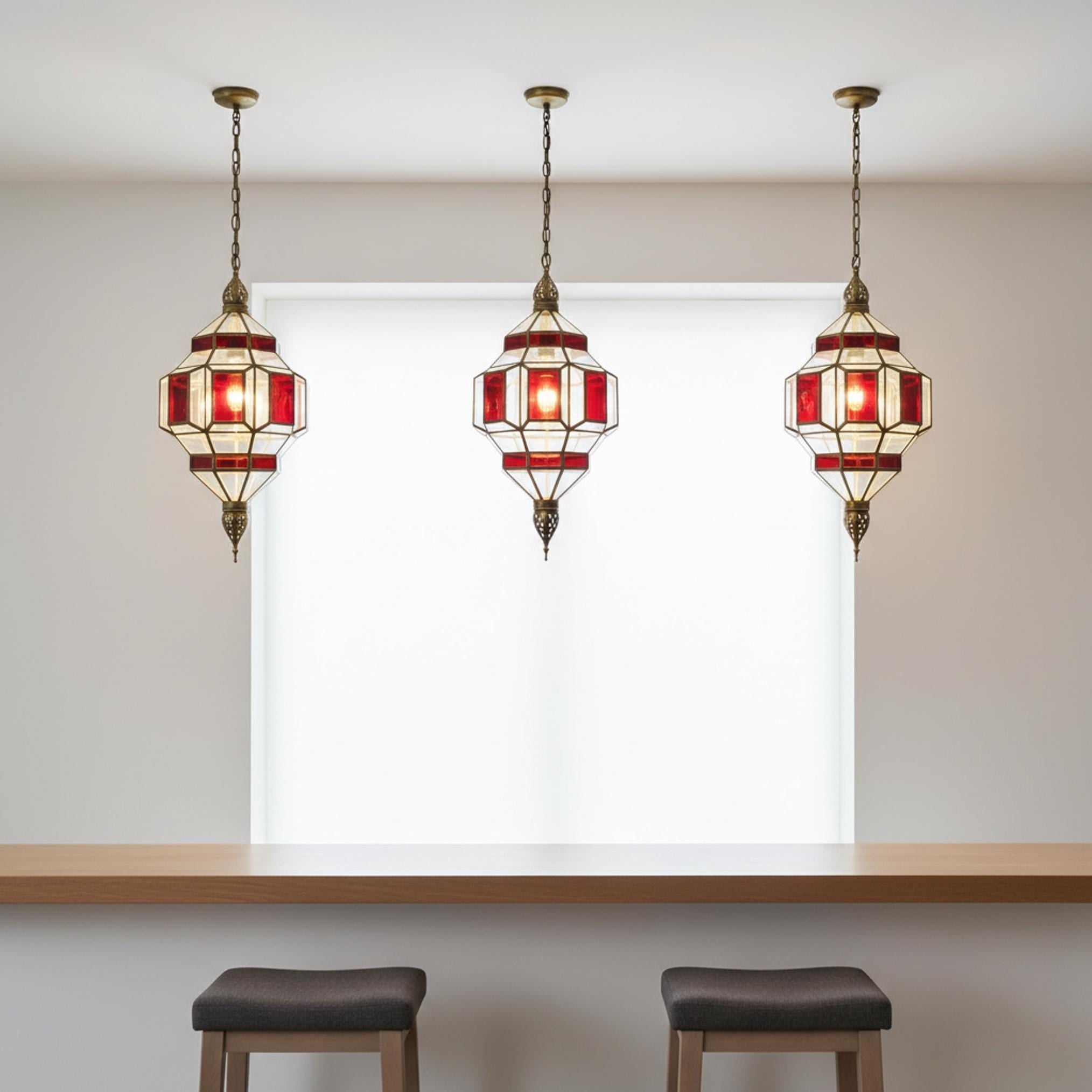 Moroccan Pendant Light Red Glass Hanging Lantern Chain Fixture