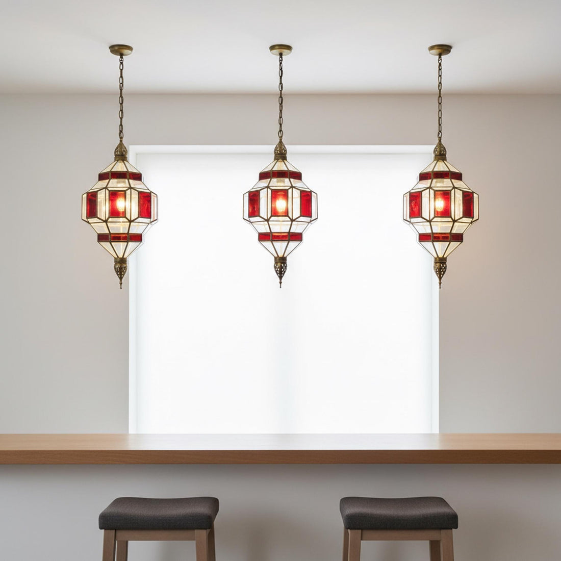 Moroccan Pendant Light Red Glass Hanging Lantern Chain Fixture