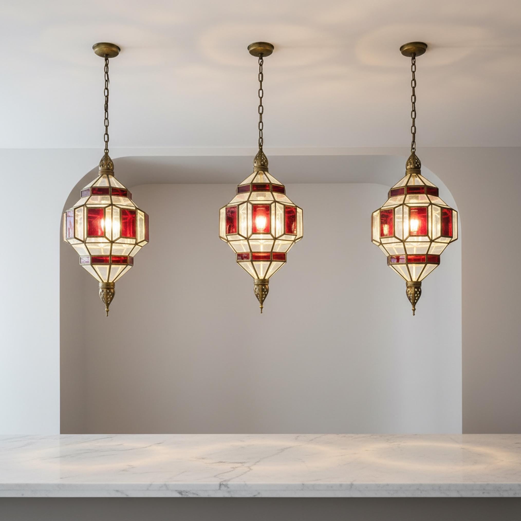 Moroccan Pendant Light Red Glass Hanging Lantern Chain Fixture