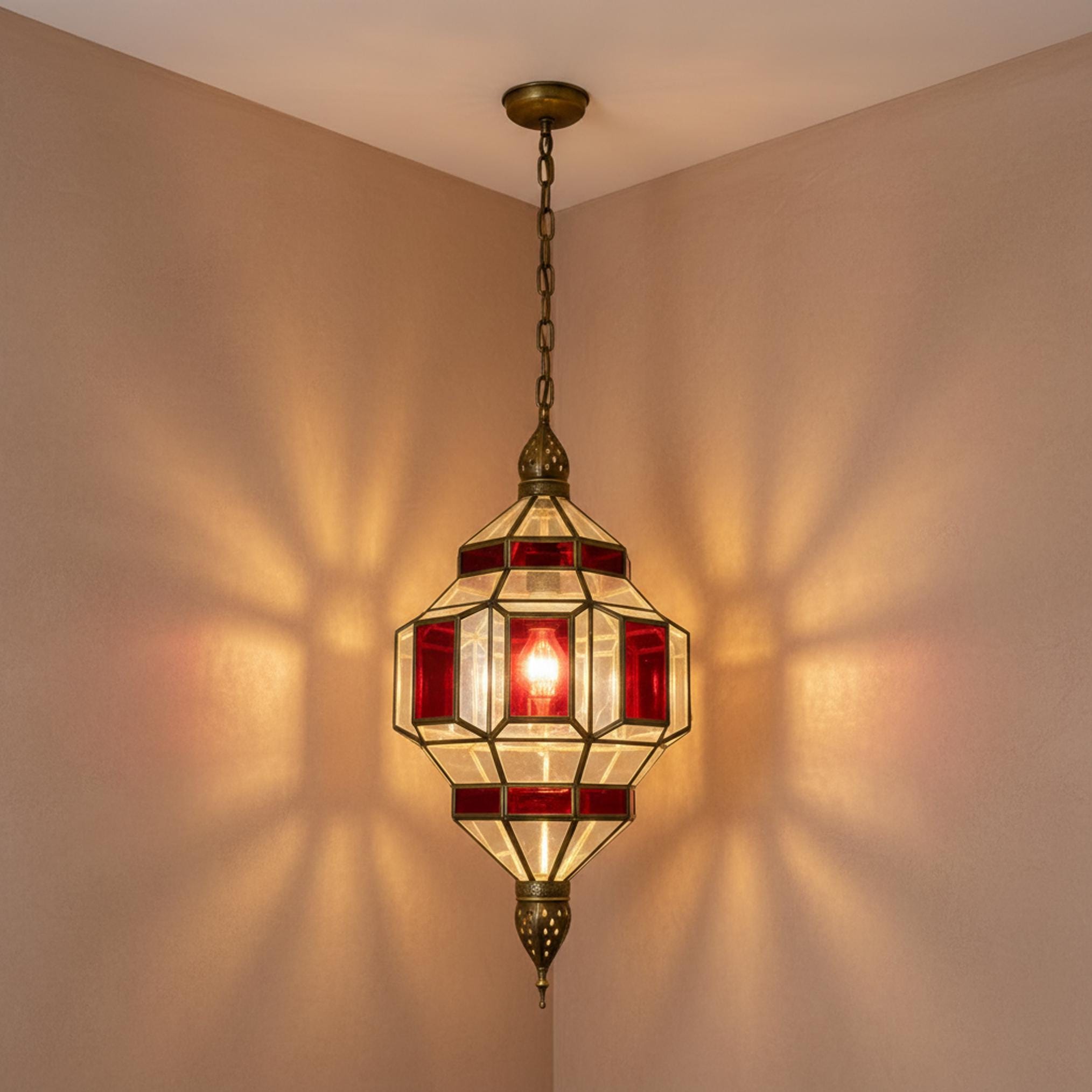 Moroccan Pendant Light Red Glass Hanging Lantern Chain Fixture