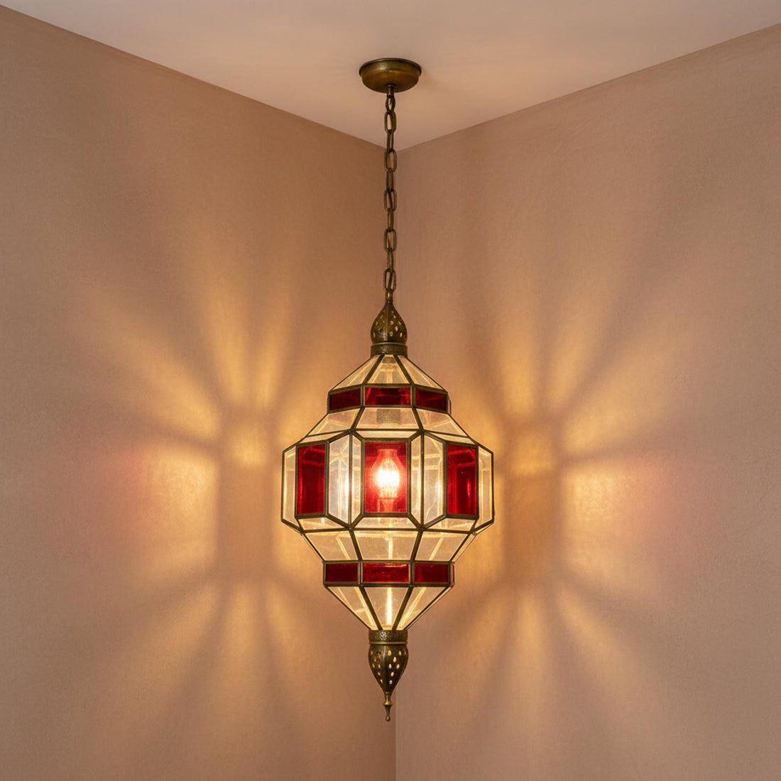 Moroccan Pendant Light Red Glass Hanging Lantern Chain Fixture