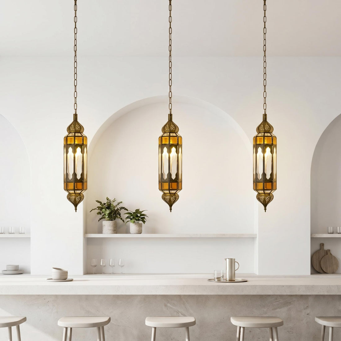 Moroccan Pendant Light Amber Glass Hanging Lantern Chain Fixture